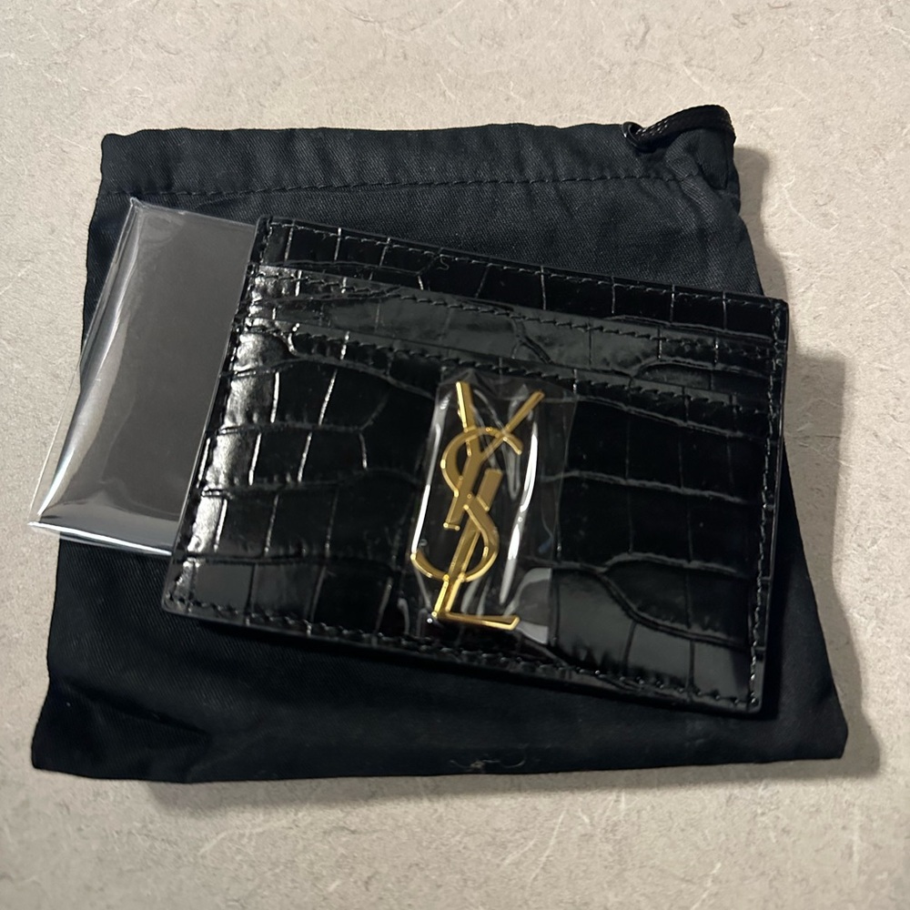 YSL Black Croc Embossed Card Holder - NEW